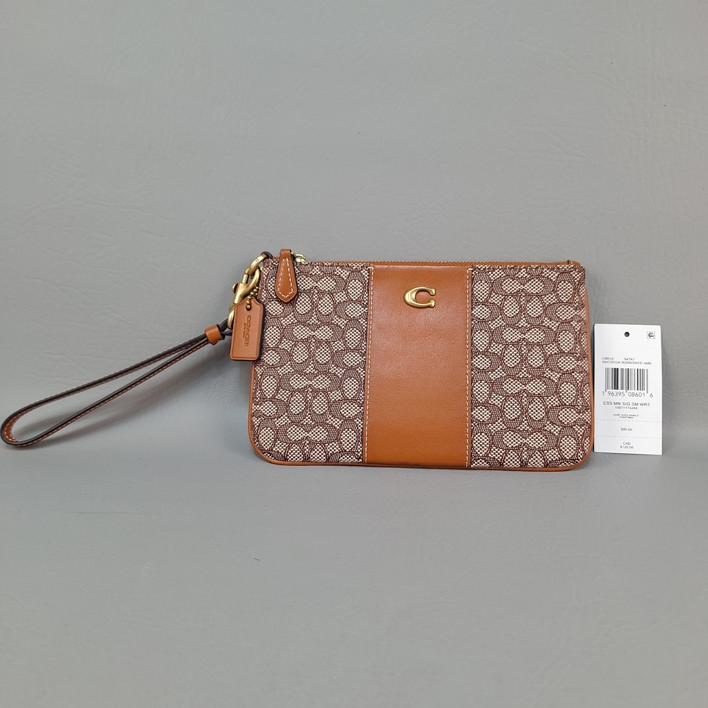 Coach CM512 Jacquard Canvas Mini Signature Small Wristlet Clutch Tan Rust Brown